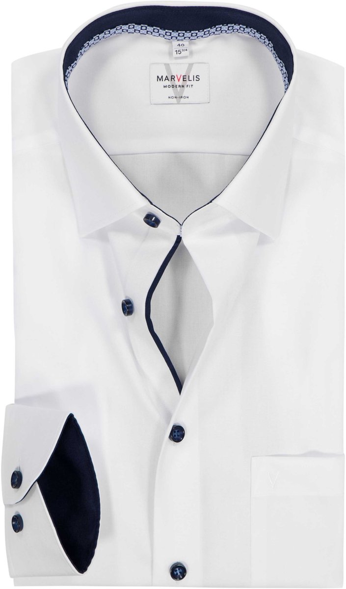 MARVELIS modern fit overhemd - popeline - wit met blauw contrast en knopen - Strijkvrij - Boordmaat: 45 (EU maat: XXL)