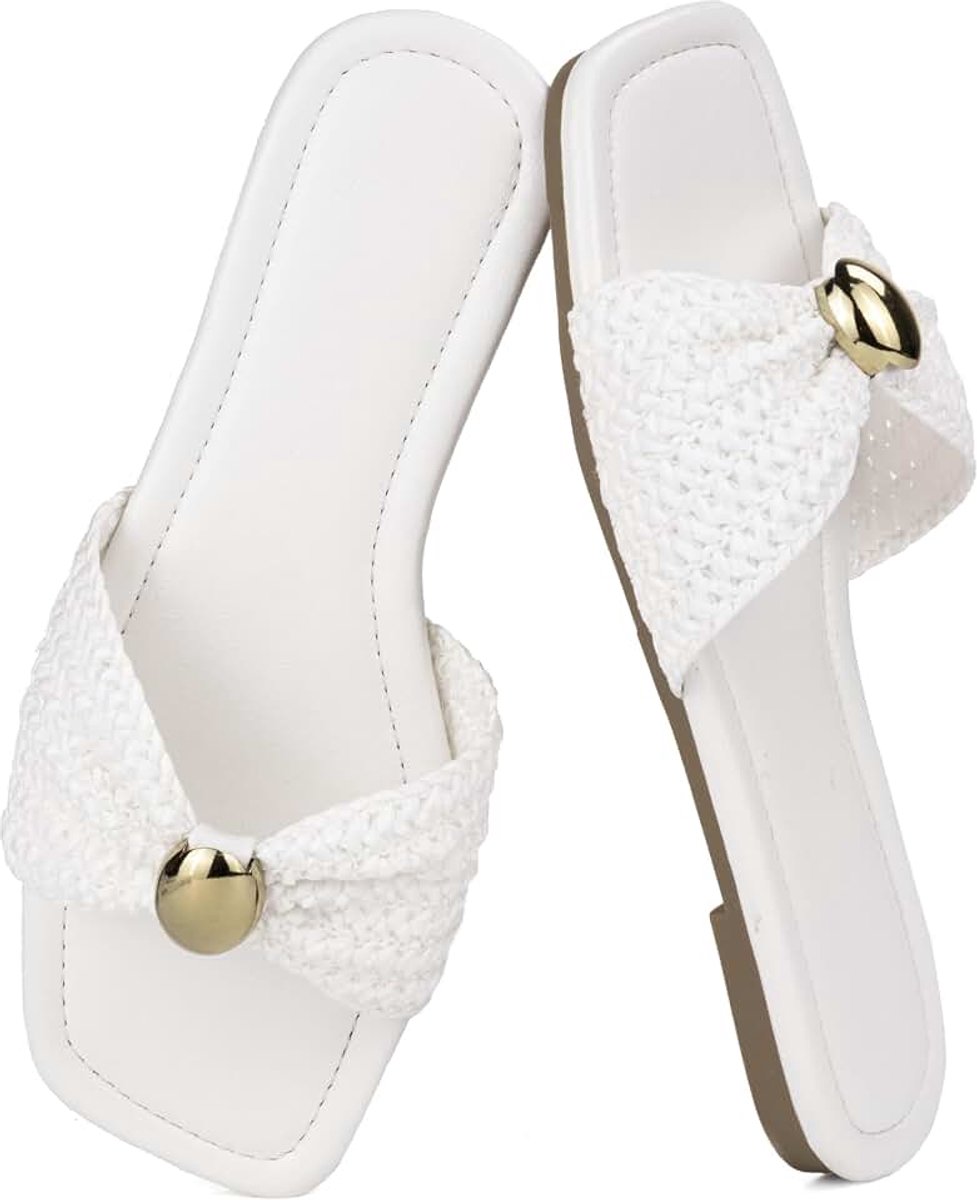 Platte Sandalen Raffia Geweven Knoop Slide Sandalen Vierkante Open Tenen Zomer Sandaletten voor Dagelijks Gebruik Vakantie Strand