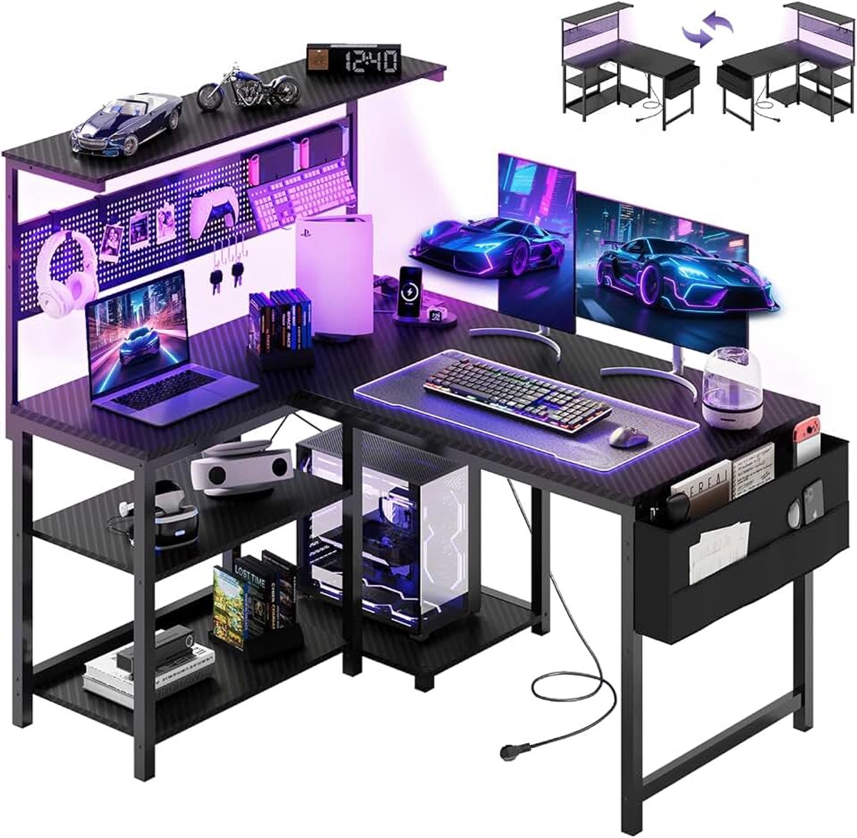 Gaming bureau L-vorm met led, stopcontact, omkeerbaar hoekbureau met plank en gatenwand, 120 x 80 cm, computertafel met opbergruimte, gamertafel voor thuiskantoor en gamer, koolstofvezel