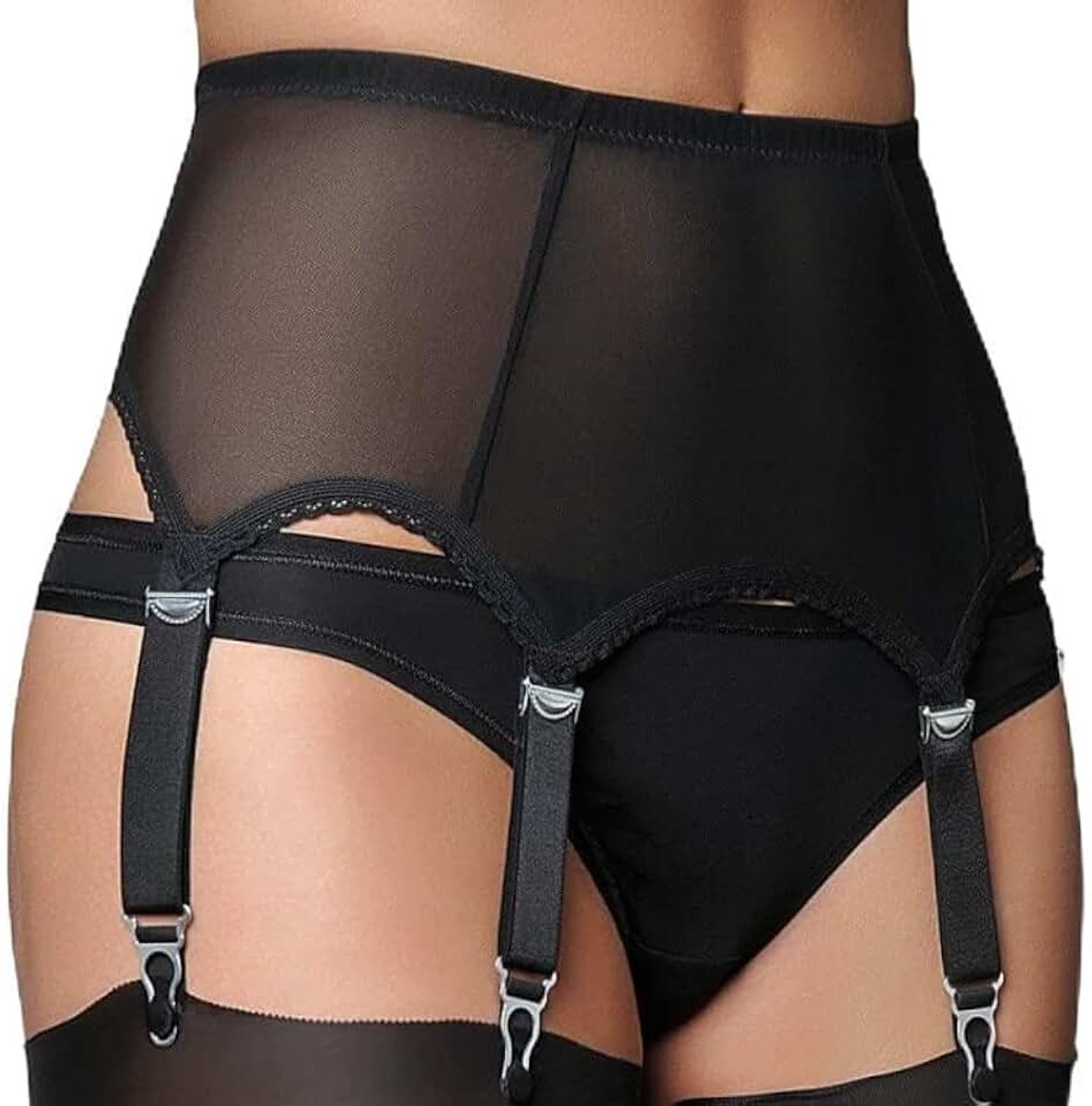 Jarretelgordel voor dames, jarretelgordel, sexy set, kousenhouder, kant, grote maat, zwarte kousen voor kousenhouder, lingerie met 6 verstelbare bandjes, Zwart, XS/S