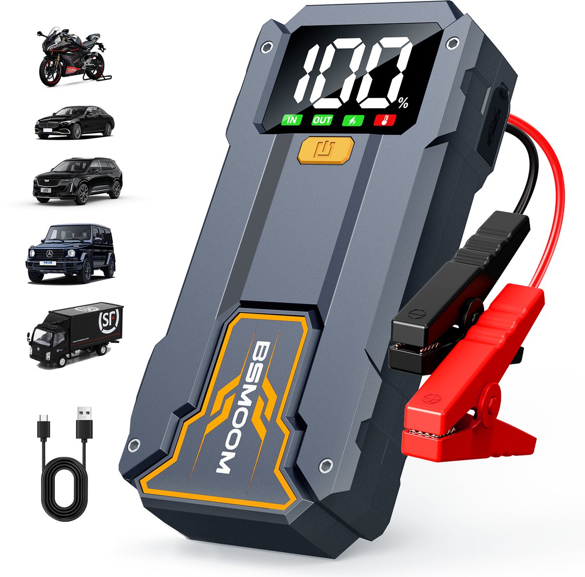 BSMOOM 12V Jumpstarter voor Auto - 5000A - 3-in-1 Starthulp - 16800mAh-LED Zaklamp SOS Noodlicht en Powerbank -Zwart