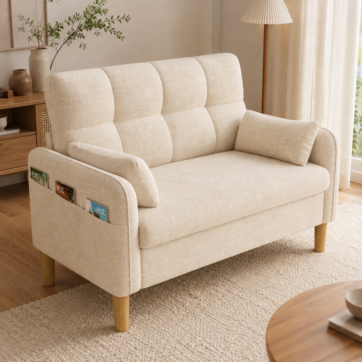 Zitsbank - 2-zits bank - Comfortabele zitbank - Kleine Sofa - Met zakken aan de zijkant - Met armleuningen - Met opbergvak - Met kussen - Chenille - Zacht zitkussen - Geschikt voor kantoren, woonkamers en studeerkamers - Beige