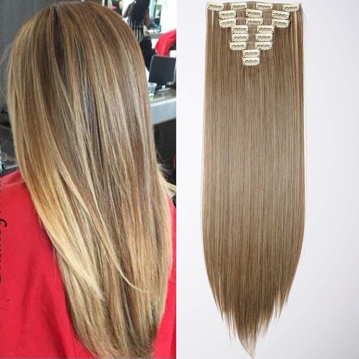 Haarextensies, set van 8 strengen, haarverlenging, haarstukje, zien eruit als echt haar, glad, 58 cm, 140 g, asbruin mix bleekblond