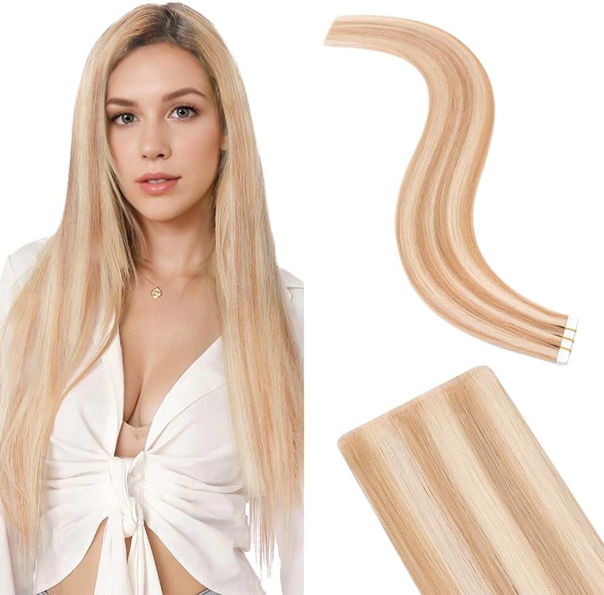 Onzichtbare tape-extensies, echt haar, tape-in extensies, echt haar, 10 stuks, 20 g, echt haar, onzichtbare haarverlenging, goudbruin, mix bleekblond, 35 cm