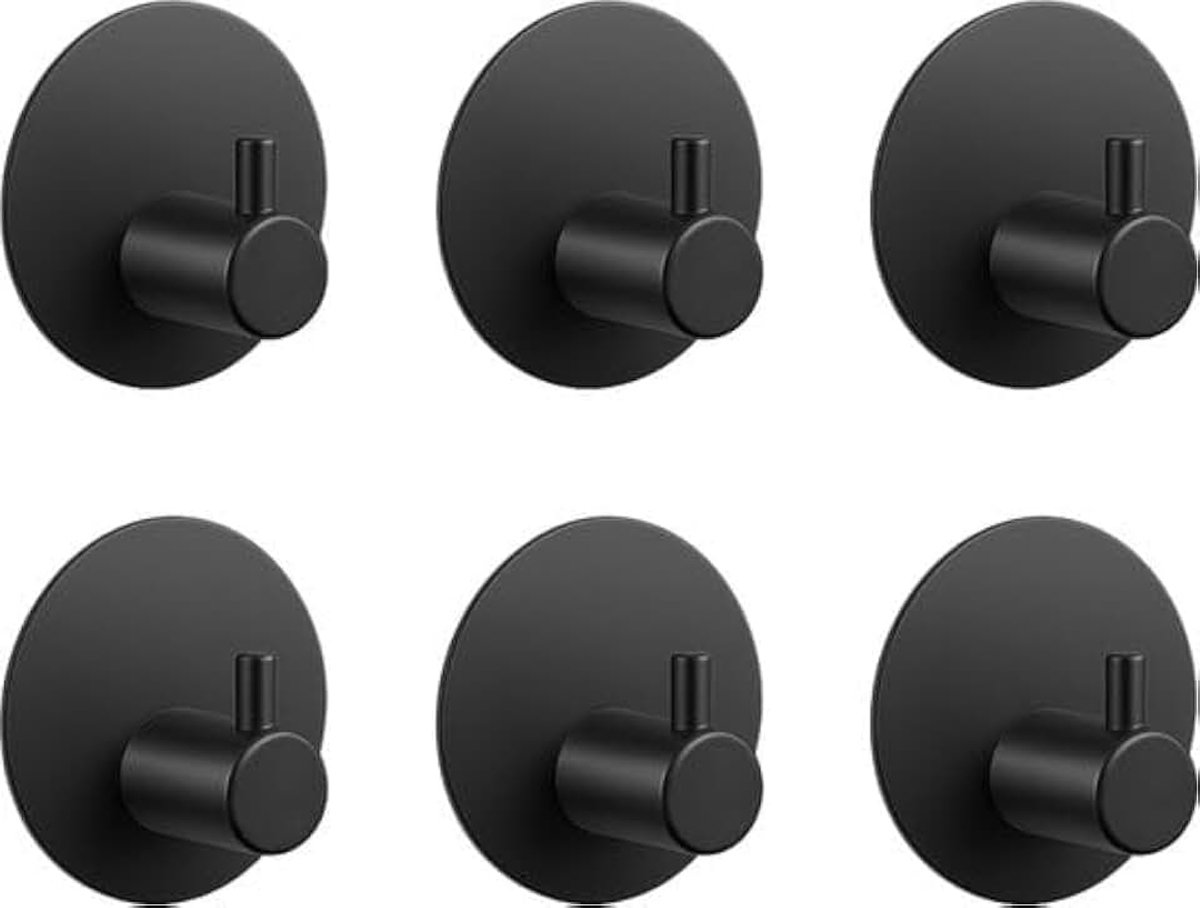 Zelfklevend Rond - Handdoekhouder - Zelfklevende Haakjes - Plakhaakjes - Zwart - 6 stuks