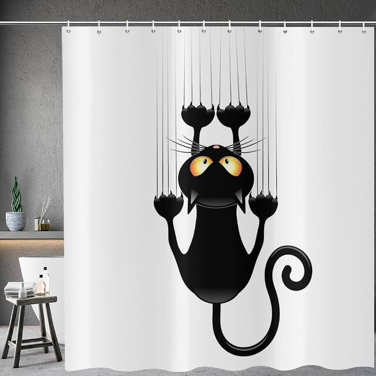 Douchegordijn, grappig kat, 180 x 200 cm, speels, zwart, kittens, krast aan de muur, kinderen, badkamer, waterdicht, badgordijn, polyester textiel, wasbaar, douchegordijnen voor bad, met 12