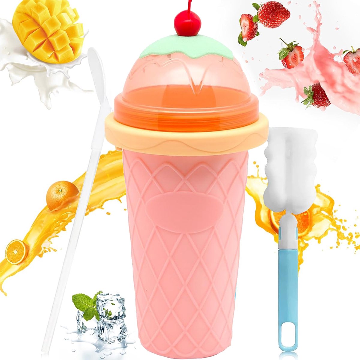 Slush Cup - Siliconen Knijpbeker - Slush Ijsbeker - Zelfgemaakte Slushbeker - Smoothiebeker Met Rietje En Lepel