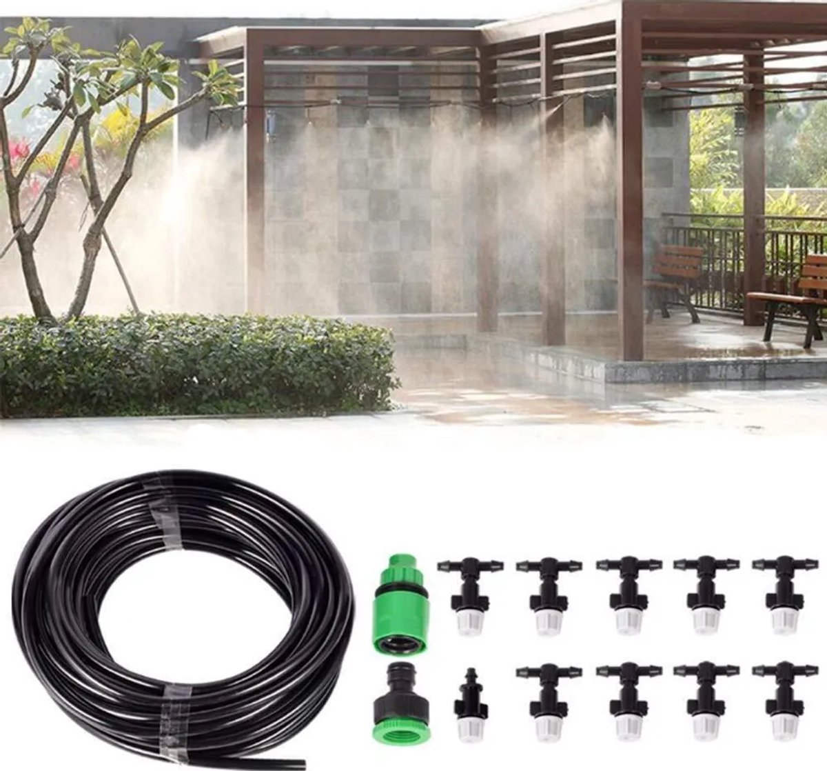 Een 10 meter lang vernevelingssysteem, geschikt voor terrassen in de tuin, met microdruppelirrigatie, een vernevelingskoelsysteem en 10 kunststof sproeiers, ideaal voor planten en bloemen.