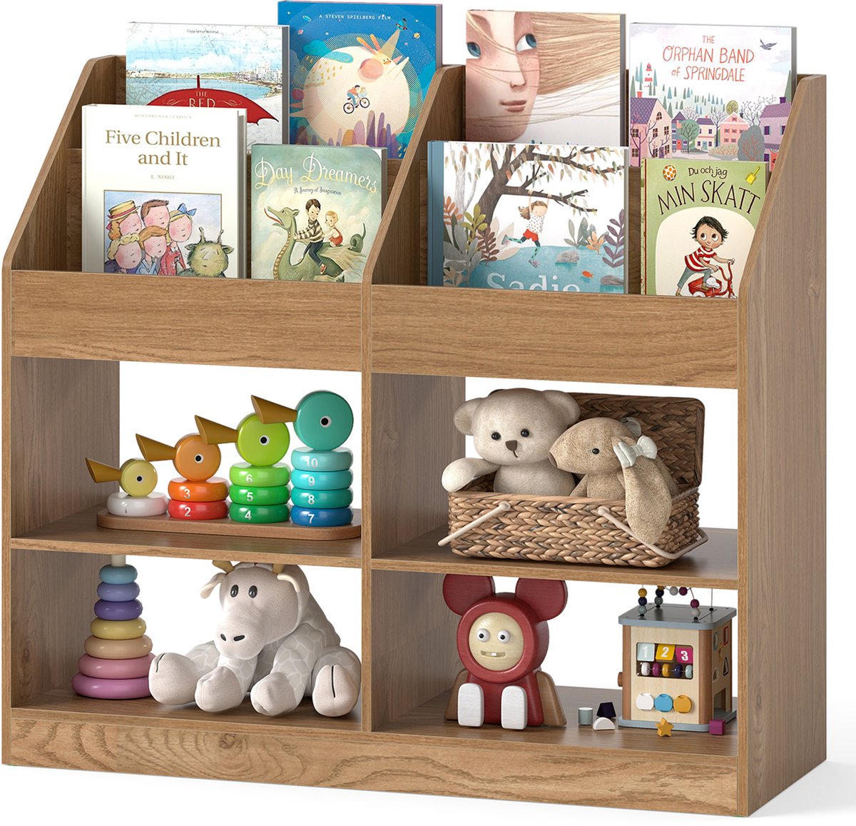 COSTWAY Kinderboekenplank, Kinderplank met 4 planken & 4 open vakken, Montessori kinderboekenplank, Speelgoed organizer voor de kinderkamer, 90 x 34 x 80 cm (Natuur)