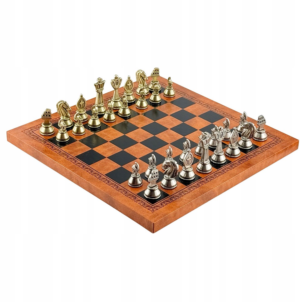 Luxe Metalen Schaakset Italfama Roman - 5cm Figuren, Leren Bord 26x26cm