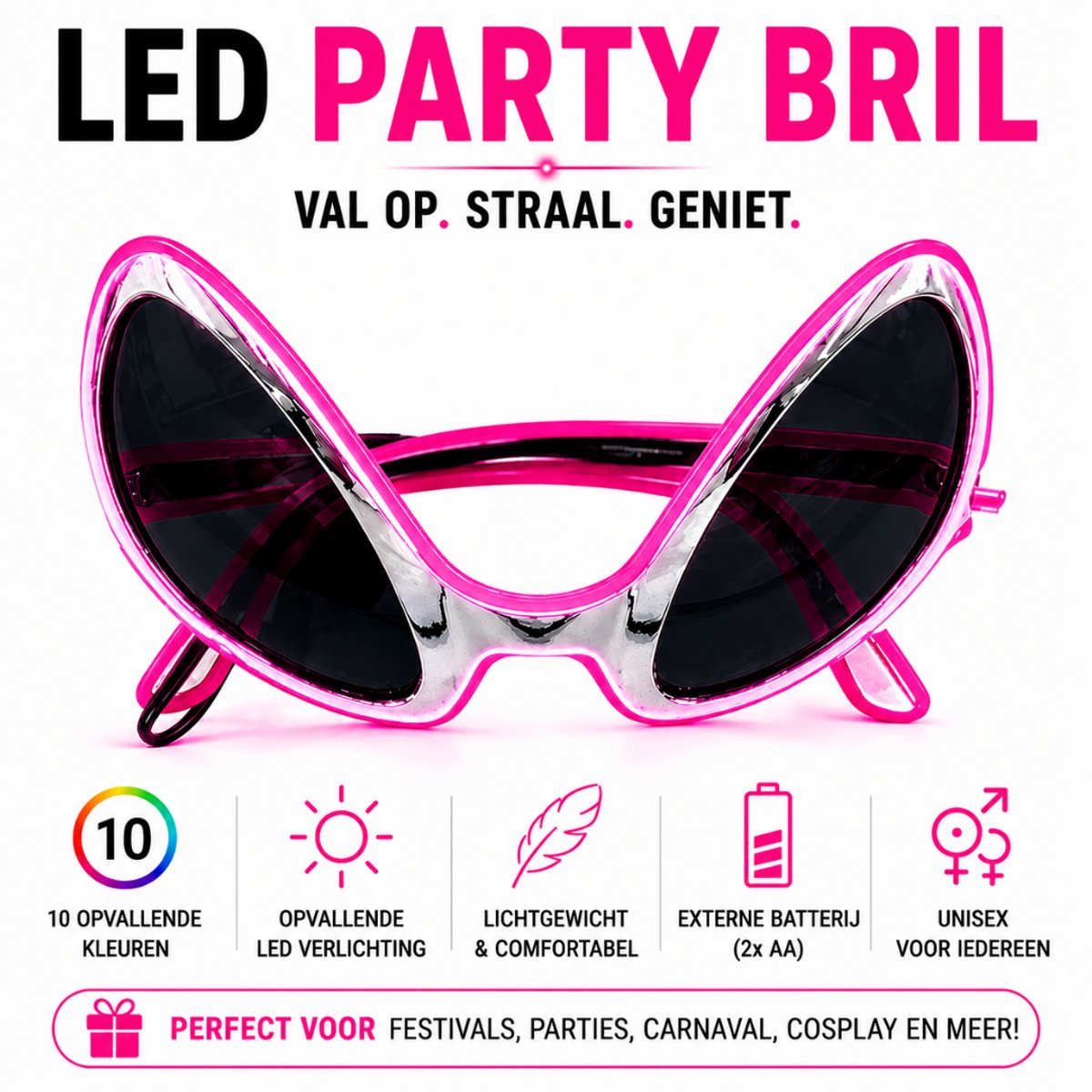 GlowAlien LED Bril – Festival & Party Bril – Koningsdag & Carnaval – Roze Licht – 3 Lichtmodi