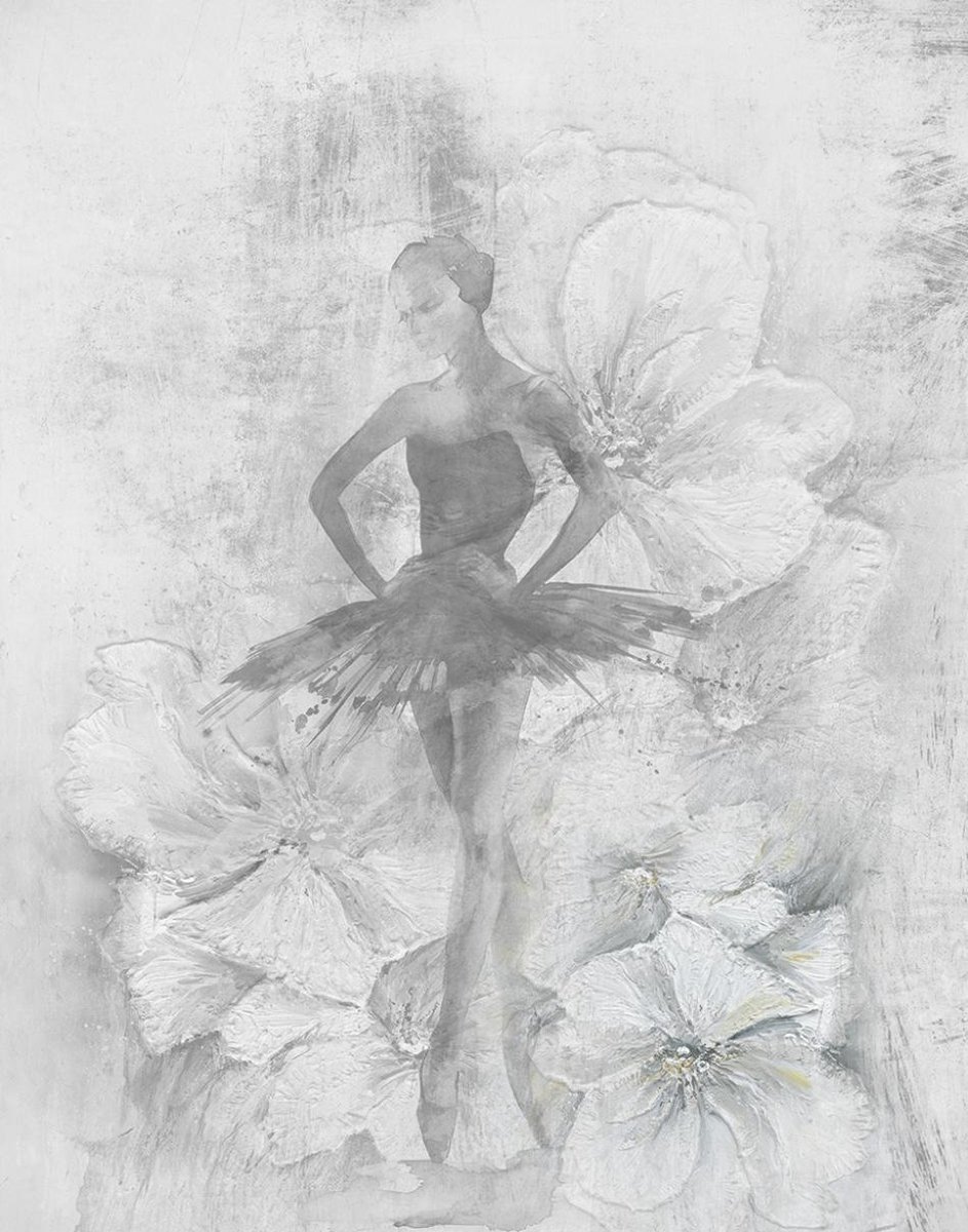 Fotobehang – Geschilderde Ballerina – Bloemen – Luxe Abstracte Kunst - Grijs Wit - Modern - Japandi - 2,12 x 2,70 M – Whisper