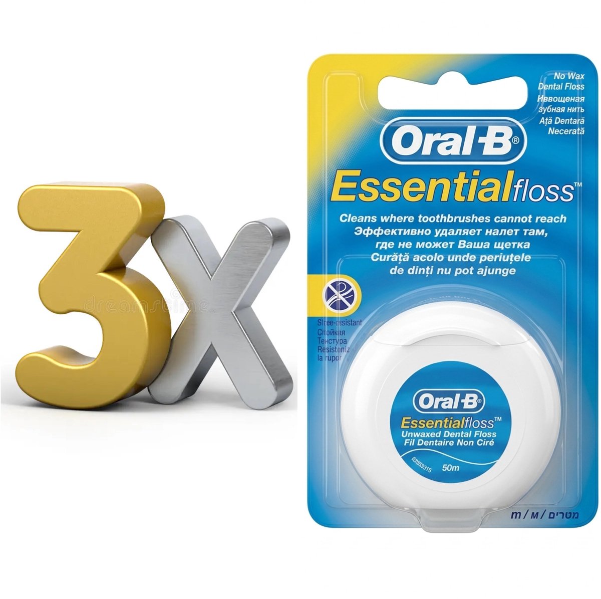 Voordeelverpakking van 3 x Oral B Floss Essential 50m Regular Non Wax ORL28