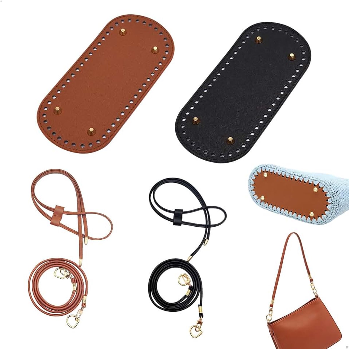 Basis voor gehaakte handtassen, basis voor gehaakte tassen met bruine en zwarte PU-set voor doe-het-zelf design, accessoireset voor gehaakte tassen voor eenvoudige montage, voeten en handgrepen
