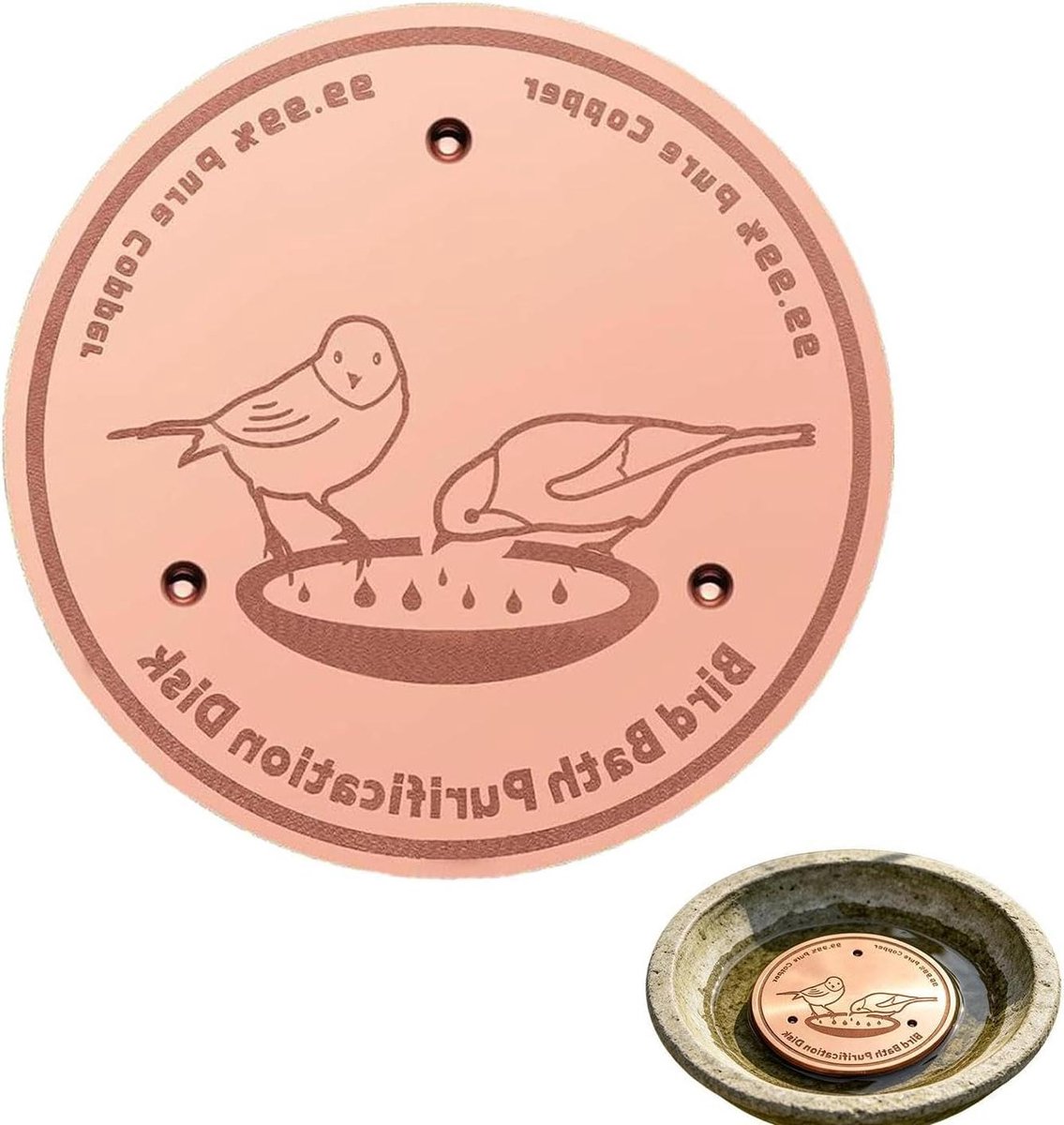 Koperen Schijf Vogelbad - Waterzuiverings Plaat - Vogelbad Onderhoud - Drievoudige Steun - 12 x 12 x 1 cm - Koper