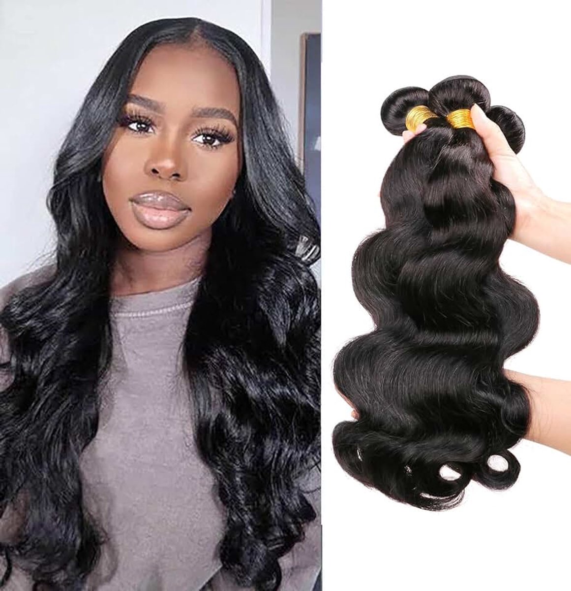 Wave menselijk haar, 3 bundels, 100% onbewerkt haar, Body Wave bundels, natuurlijke zwarte kleur, dubbel geweven extensie van menselijk haar, 3 bundels (30,5, 35,5 en 40,5 cm) voor zwarte vrouwen