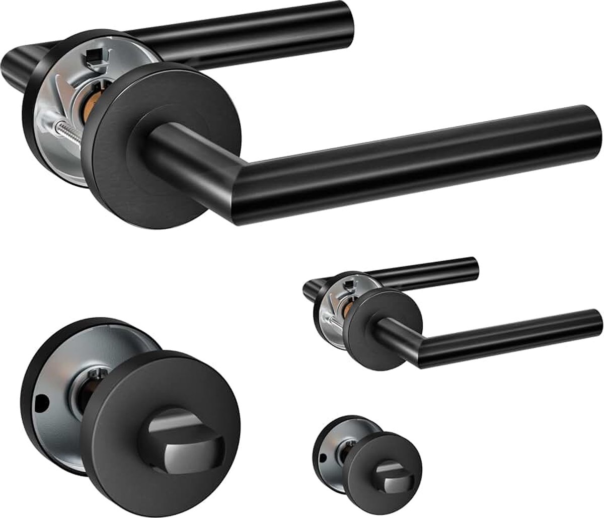 2-pack HENYIN roestvrijstalen deurkruk met badkamerknop, insteekdeurslot, zwarte kleur (SO2-103BK-B-2)