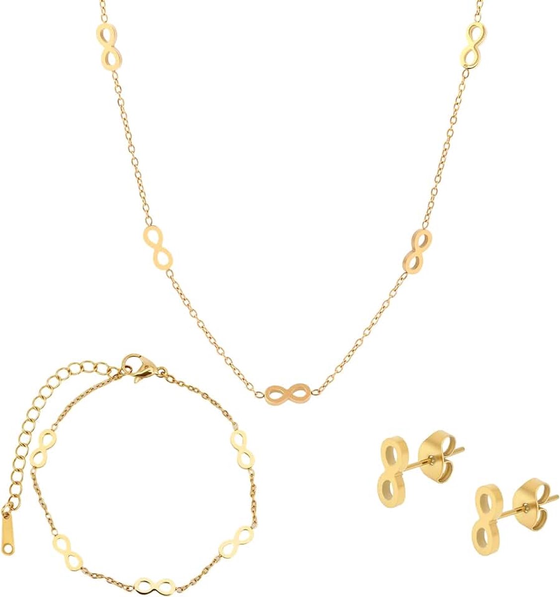 Sieradenset voor dames, 3-delige roestvrijstalen sieradenset met 8-delige hanger, goudkleurig (halsketting, armband, oorsteker), sieradensets voor dames