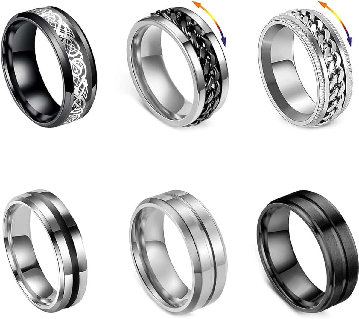 Ringen, spinner-ringen, roestvrij stalen spinnerringen, set voor mannen en vrouwen, coole zwarte ringenset