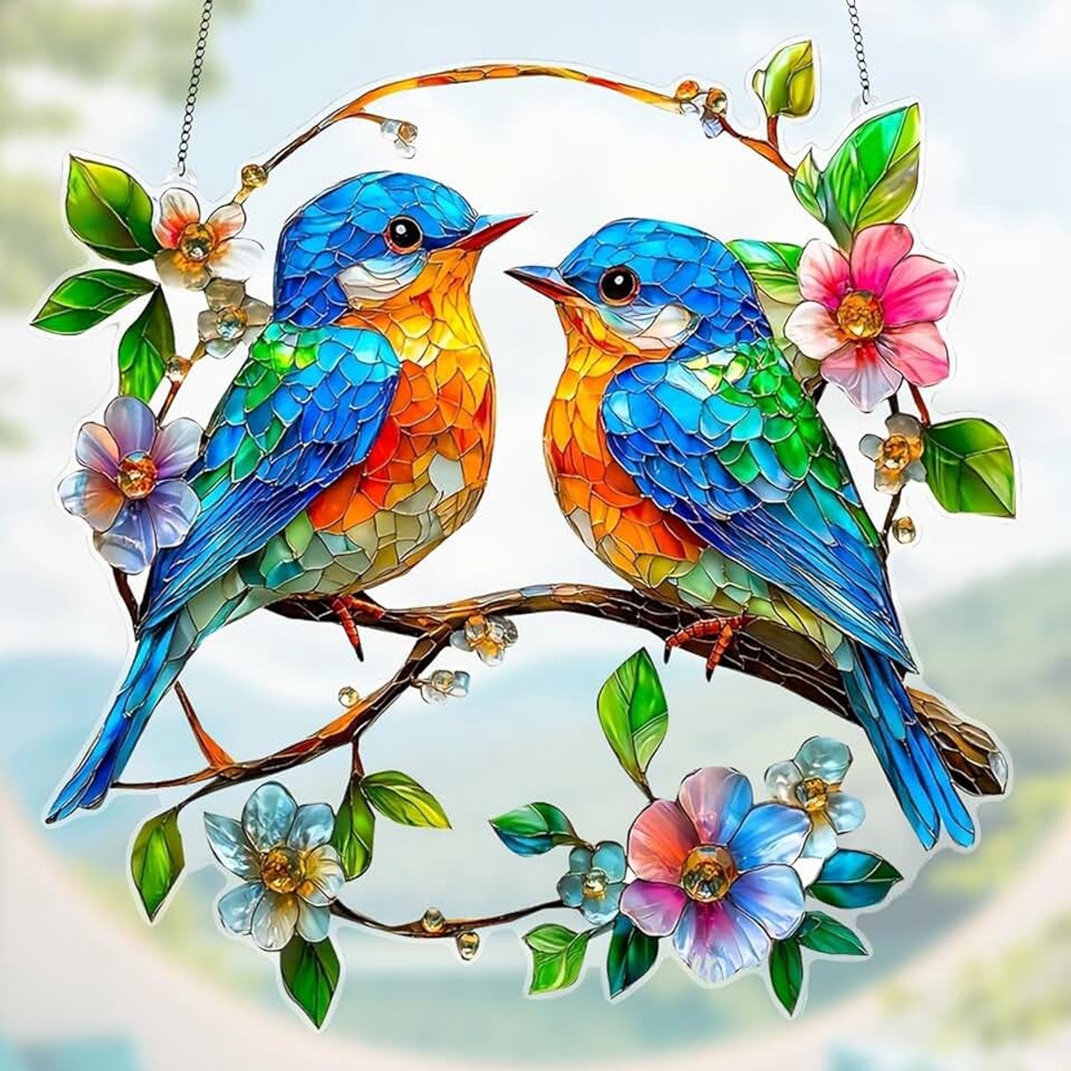 Suncatcher Robin, Sun Catcher Robin op tak, paar vogel opknoping tuin ornamenten voor raam huis buiten muur hek decoraties