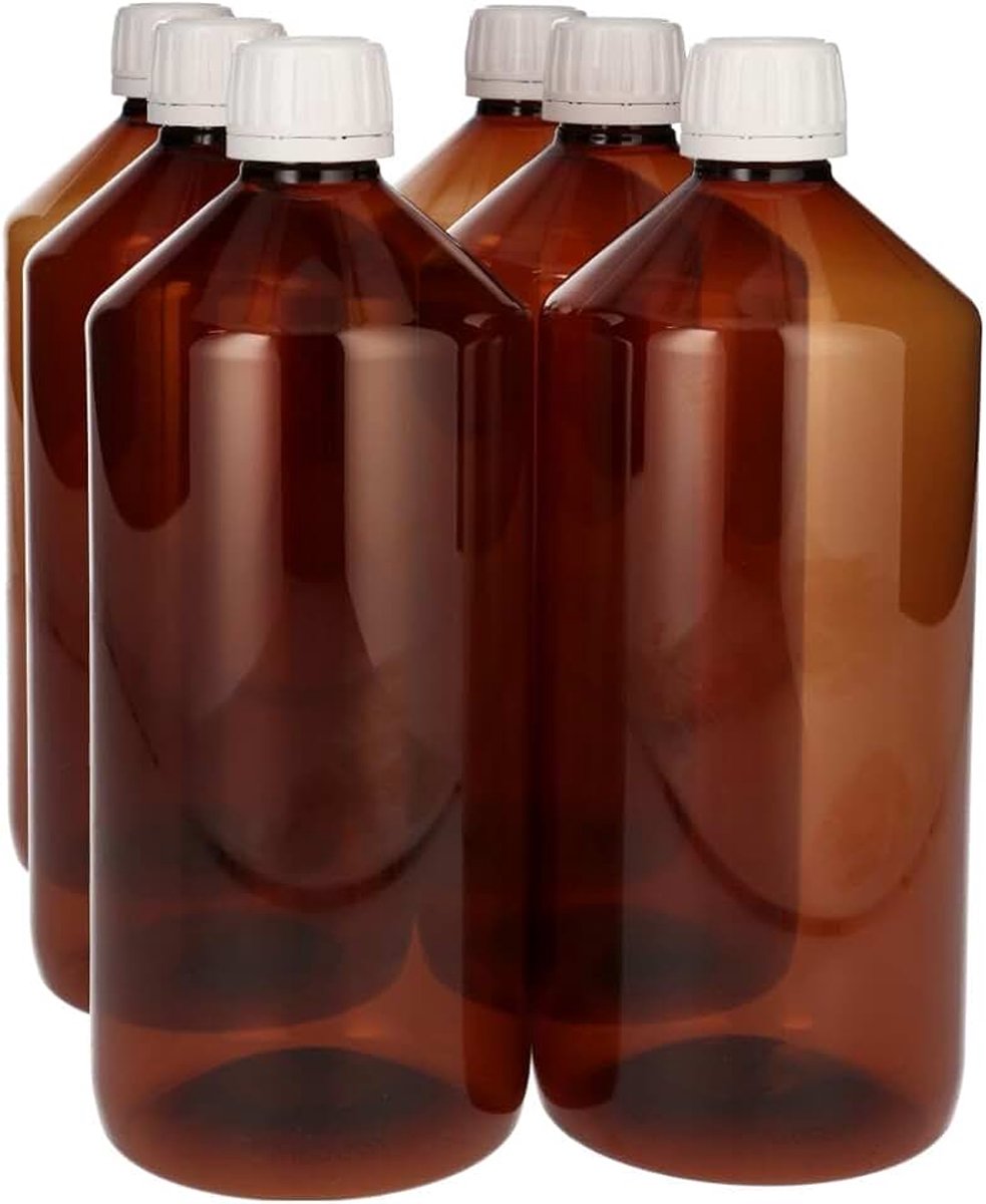 6 x 1000 ml Pharma PET Fles Bruin met Garantiedop wit- PET Kunststof BPA-vrij - Plastic Flessen Navulbaar - Met Dop - Lege Flessen - 6 stuks