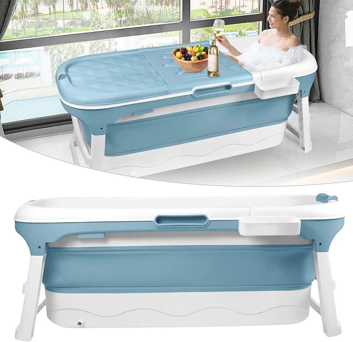 Opvouwbaar bad XL 112 x 62 x 52 cm, ideaal voor badkamer, douche en balkon, met deksel en massagerollers, zeepmand, dik plastic draagbaar bad - blauw