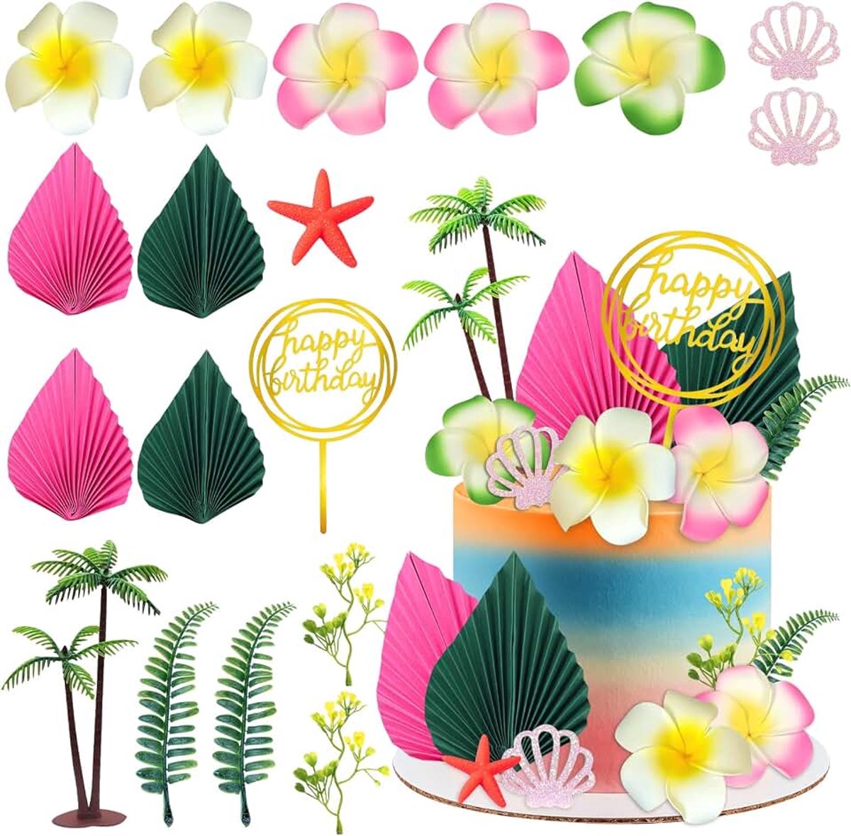 Verjaardagstaartdecoratie, 18-delig, tropische verjaardagstaartdecoratie, Hawaïaanse taartdecoratie voor verjaardag, babyshower, bruidsdouche, bruiloft