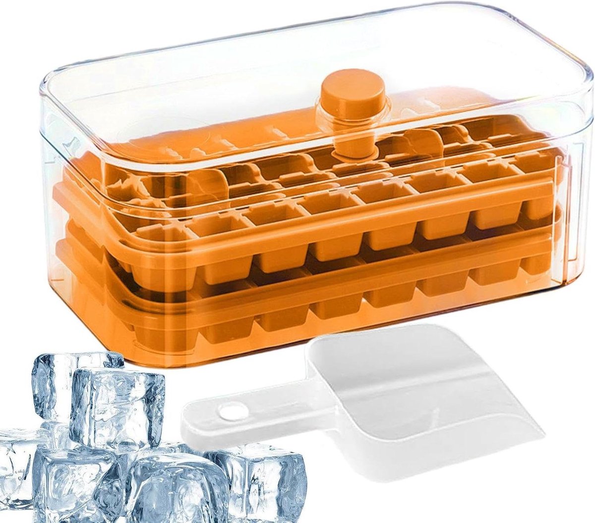 IJsblokjesmaker met deksel - IJsblokjesvorm - Dranken Koelen - 2-laags ontwerp - 64 ijsblokjes - Oranje