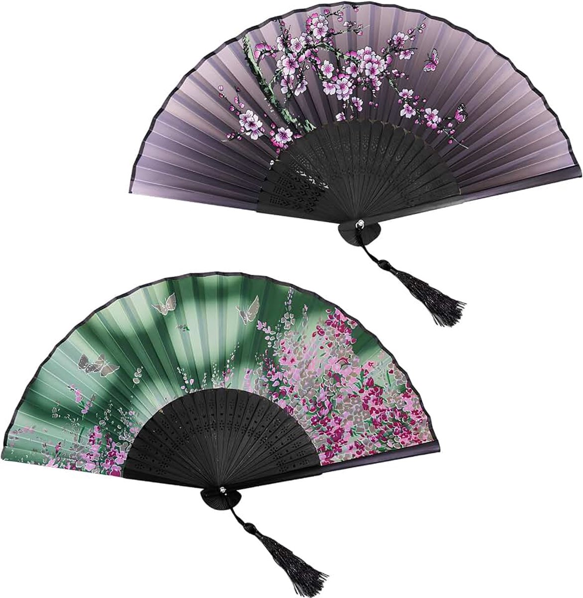 Verpakking van 2 handwaaiers, handwaaiers voor dames, oosterse vouwwaaiers, Chinese stoffen bloemenwaaiers, handwaaiers voor bruiloften, voor dans, feesten, huwelijkscadeaus, doe-het-zelfdecoraties