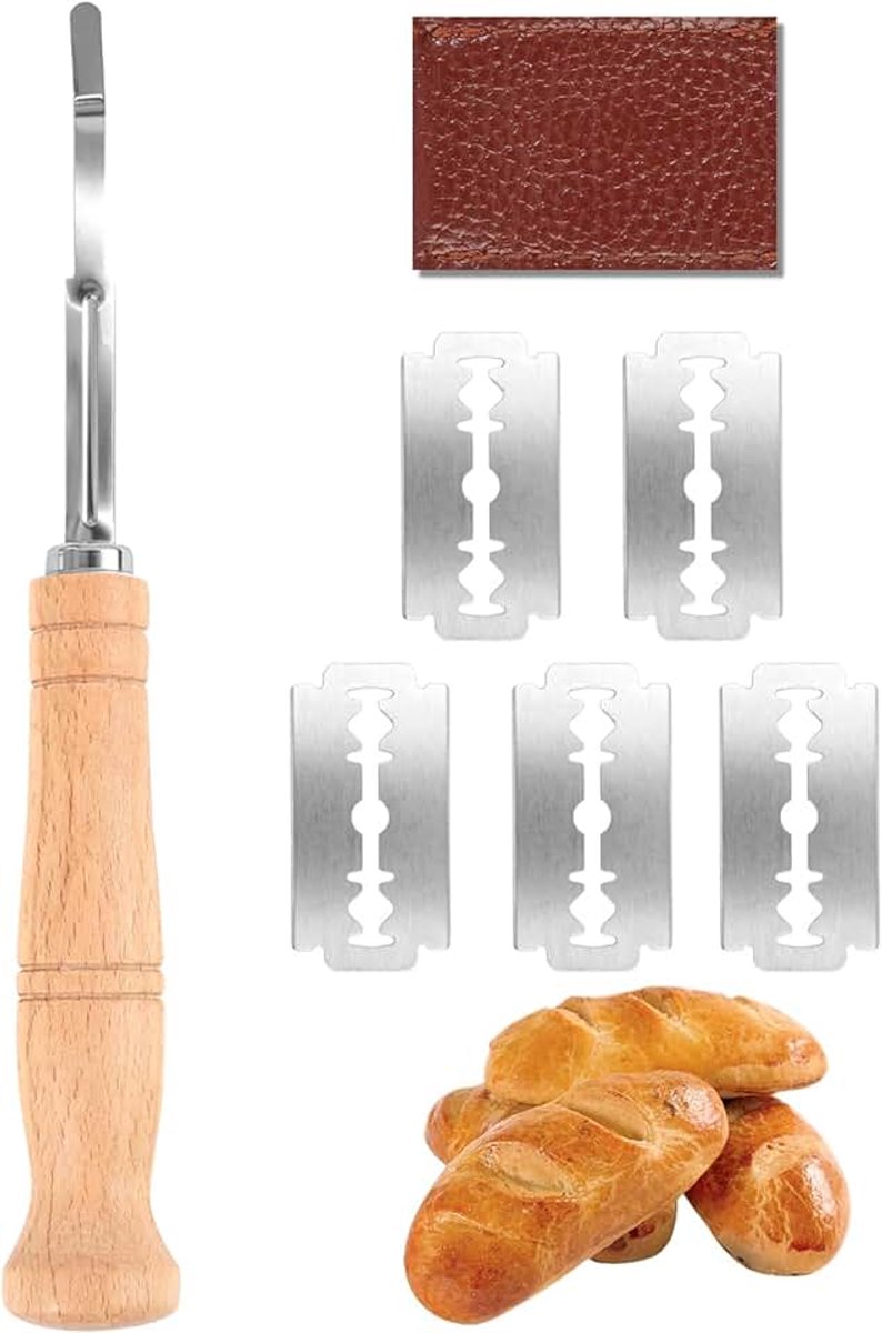 Bakkermessenset met 5 roestvrijstalen messen, deegmes voor brood en baguette, inclusief leren beschermhoes, ideaal voor doe-het-zelf broodbakken en kunsthandwerk