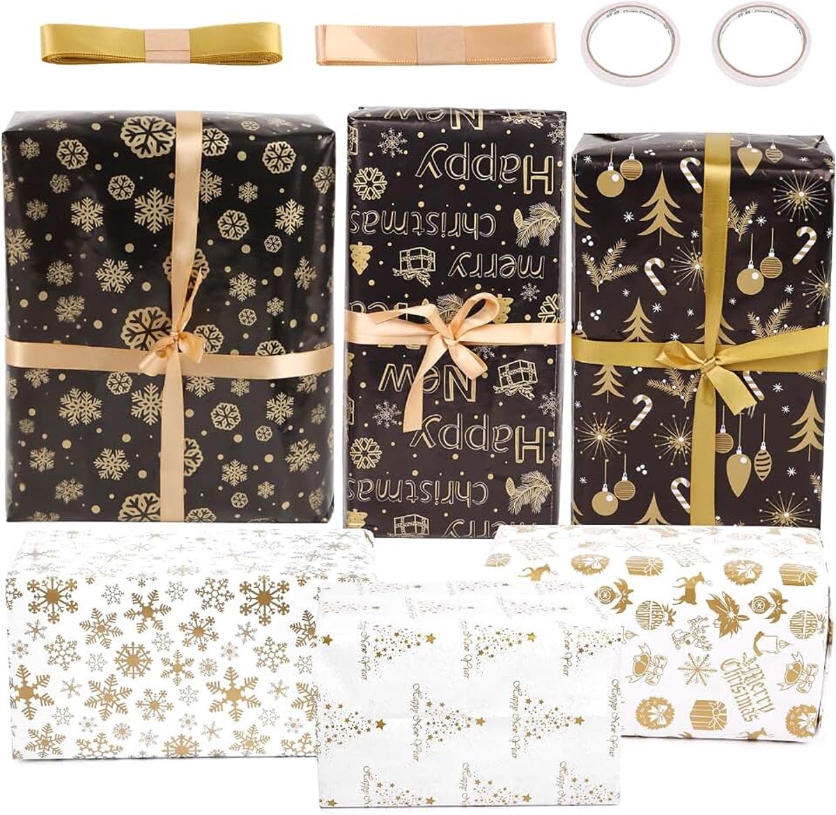 Cadeaupapier voor Kerstmis, 6 vellen zwart-goud en wit-goud kerstpapier met sneeuwvlokken, inclusief 2 rollen lint en een dubbelzijdige rol voor het inpakken van cadeaus