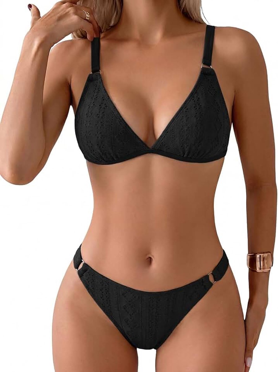 2-delig sexy metalen design, bedrukt, met uitsparingen, driehoekige bikini voor dames, V-hals, lage taille, badpak voor dames