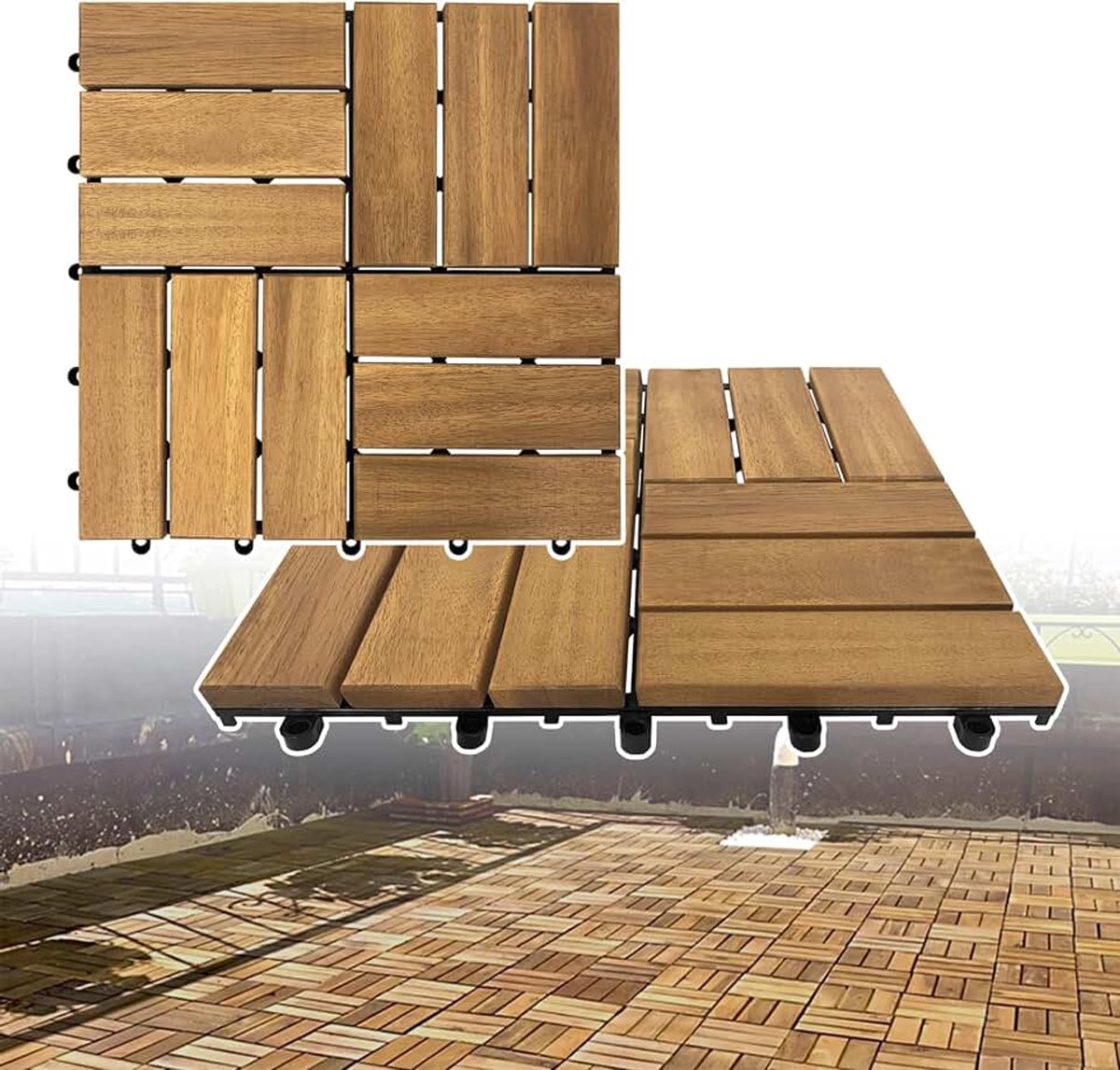 Houten Tegels Set, 30x30cm Houten Tegels, Waterdichte Hardhouten Vloeren met Drainage en Kliksysteem, Corrosiebestendige Balkontegels, Antislip Vloerbedekking, Bruin (Type B, 1㎡)