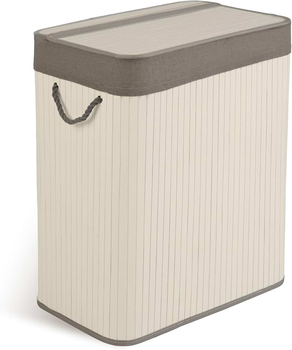 Wasmand 2 vakken 100 l - met deksel en waszak - wasverzamelaar van bamboe - wassorteerder - wit grijs - 61 x 54 x 34 cm