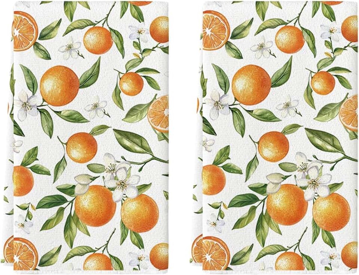 Mode Set van 2 keukendoeken met oranje bloemenbladeren, 42 x 65 cm, seizoensgebonden lentedecoratie, polyester handdoeken
