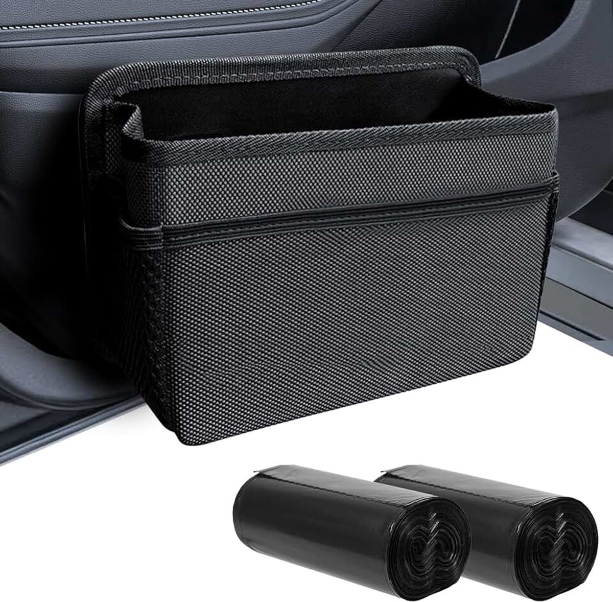 Auto-vuilnisemmer, waterdicht, lekvrij, hangende mini-opbergcontainer voor autodeur, voorstoel, achterbank, auto-interieur, accessoires voor SUV, vrachtwagen, camper, incl. 2 wielen, in