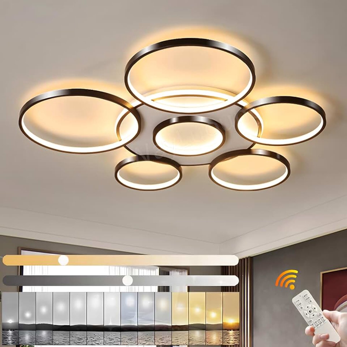 Plafondlamp | Moderne 7-Rings Woonkamer Plafondlamp | Zwarte Ronde Cirkel 120W/Ø110cm | Slaapkamer Plafondlampen Armatuur | 2800K-6000K Dimbaar Met Afstandsbediening | Restaurant Binnen