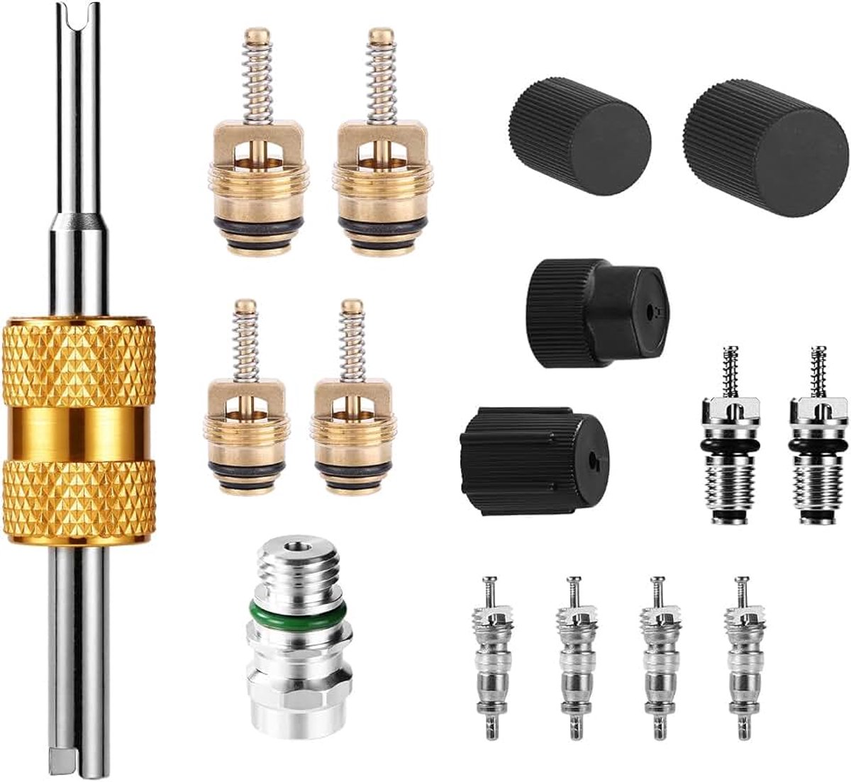16st Airconditioner Klepkern Kit, Service Klepkernen voor R134a & R12/R22 Systemen Drukdoppen AC Laadpoort Reparatie Set voor Auto's Vrachtwagens SUVs HVAC AC Systeem Onderhoud Gereedschap Set