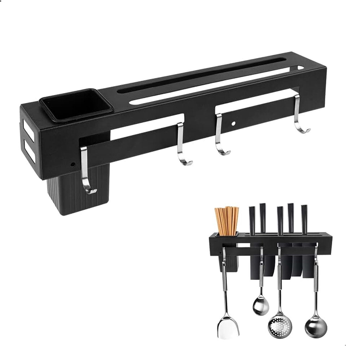 Keukenmessenhouder, keukenmessenhouder, multifunctionele wandorganizer, voor bestek, met 4 haken voor keuken, eetkamer, 30 cm, zwart