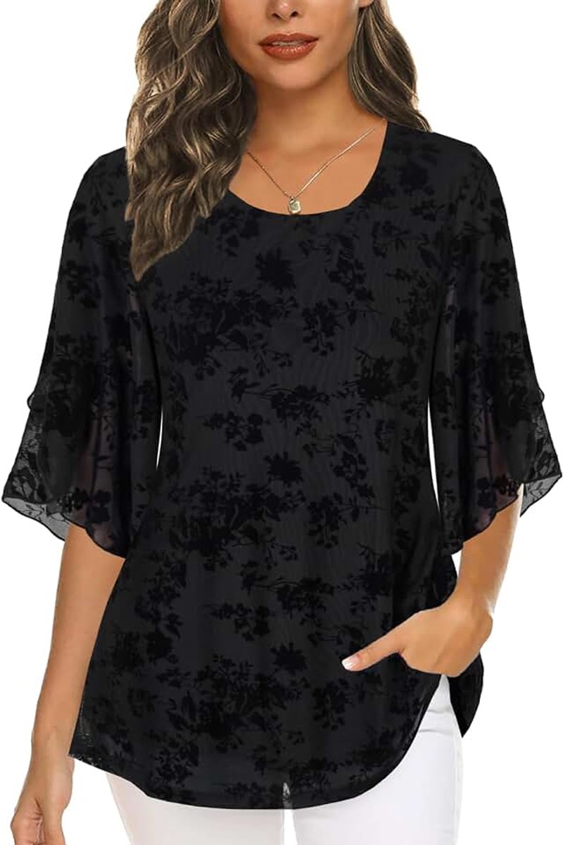 Dames chiffon tuniek casual ronde kraag grote maten halve mouwen blouse top zomer losse pasvorm
