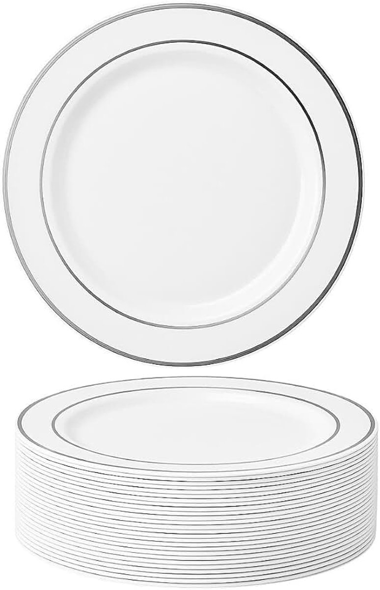 25 Kleine Witte Plastic Borden met Zilveren Rand (19cm), Dessert Feestbordjes voor Bruiloften, Verjaardagen, Dopen, Kerstmis & Feesten - Stevig en Herbruikbaar