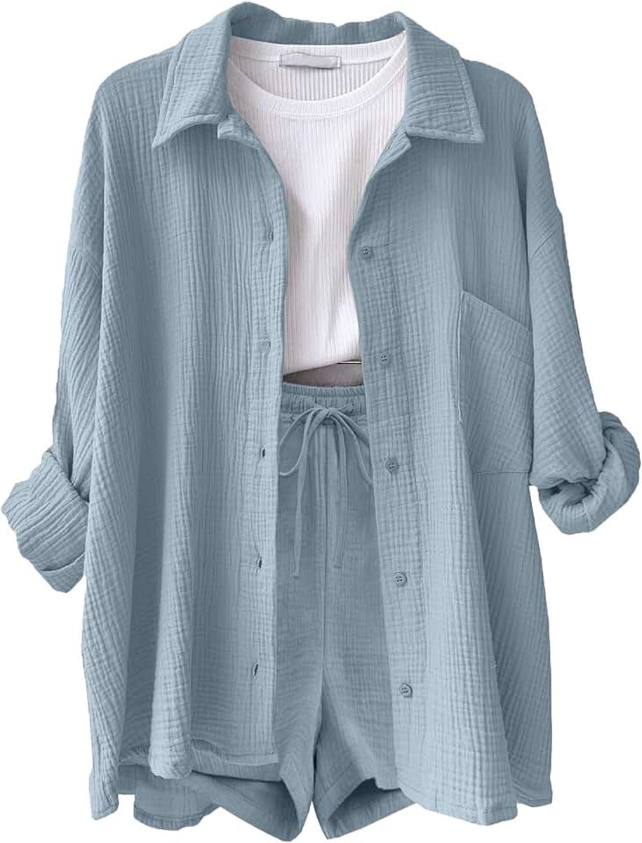 Casual 2-delige overallset voor dames, zomer, sets met korte mouwen van katoen en linnen, overhemden met knopen, mini-broek met trekkoord met hoge taille, set met zakken voor zomer en strand