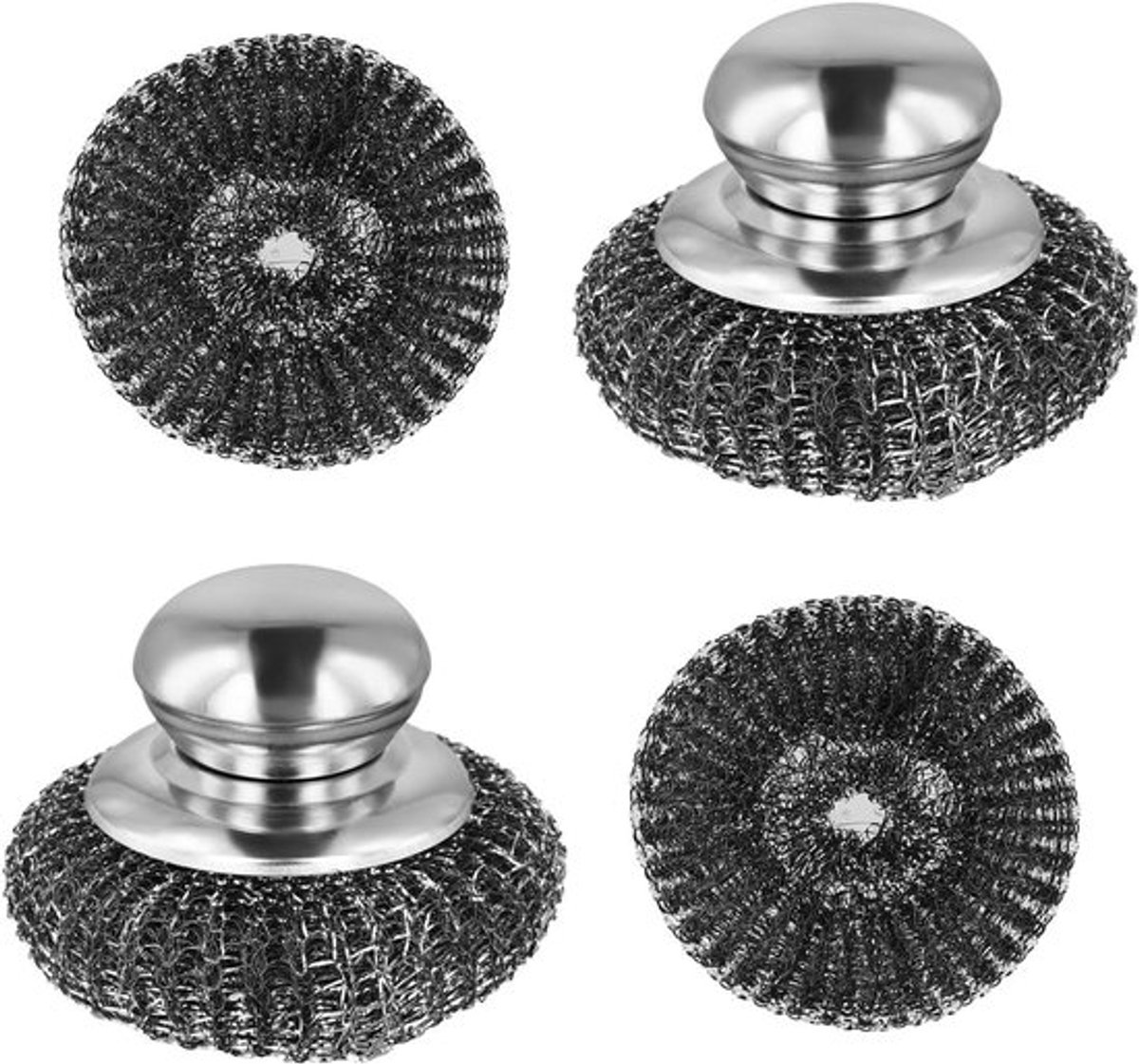 Set van 2 stalen schrobbers met handvat en reserve pads, geschikt voor reinigen van servies en meer.