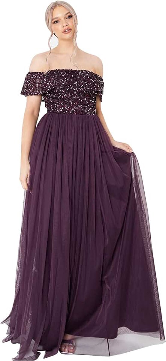 Deluxe Maya Berry Bardot Embellished Maxi Dress dames jurk voor bruidsmeisje