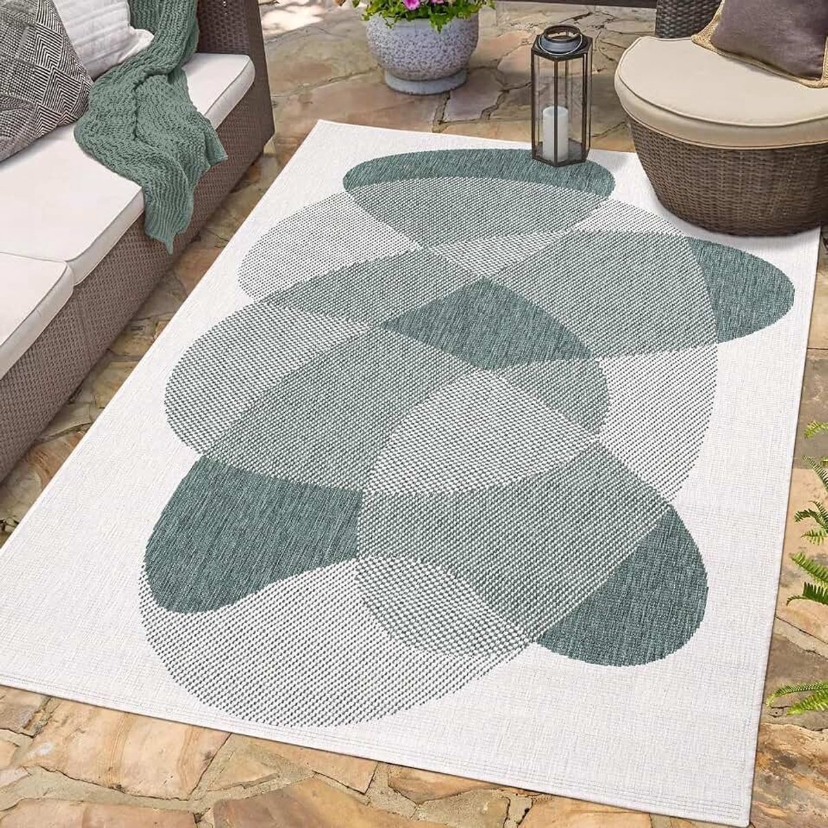 Carpet city Indoor & outdoor tapijt groen, crème - omkeerbaar tapijt - 120x170 cm - abstract geo-patroon - weerbestendig voor balkon, terras - moderne tapijten voor binnen woonkamer keuken