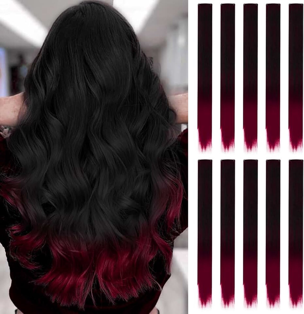 10x Rode Clip-in Haarverlengingen | 22" Lange Steile Haarverlenging, Synthetisch Haarstuk voor Meisjes, Kinderen en Vrouwen, Dagelijks Gebruik of Feestjes (Zwart-Rood-Wijnrood Gradiënt)