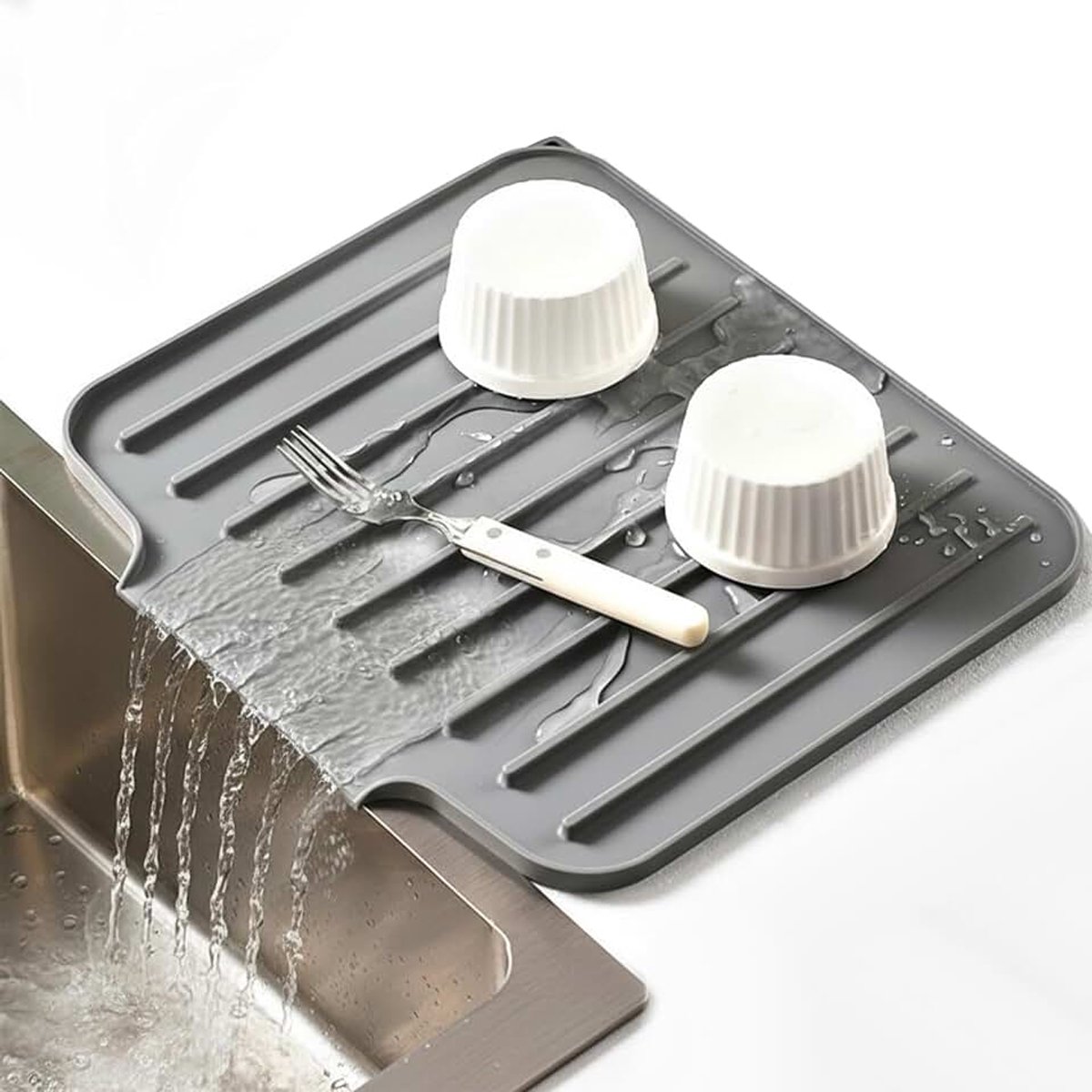 Afdruipmat van siliconen met afvoeruitgang, absorberende keukenmat 35 x 30 cm, lekbak voor gootsteen, grijs, antislip en hittebestendig, droogmat voor keukenspoelbakken