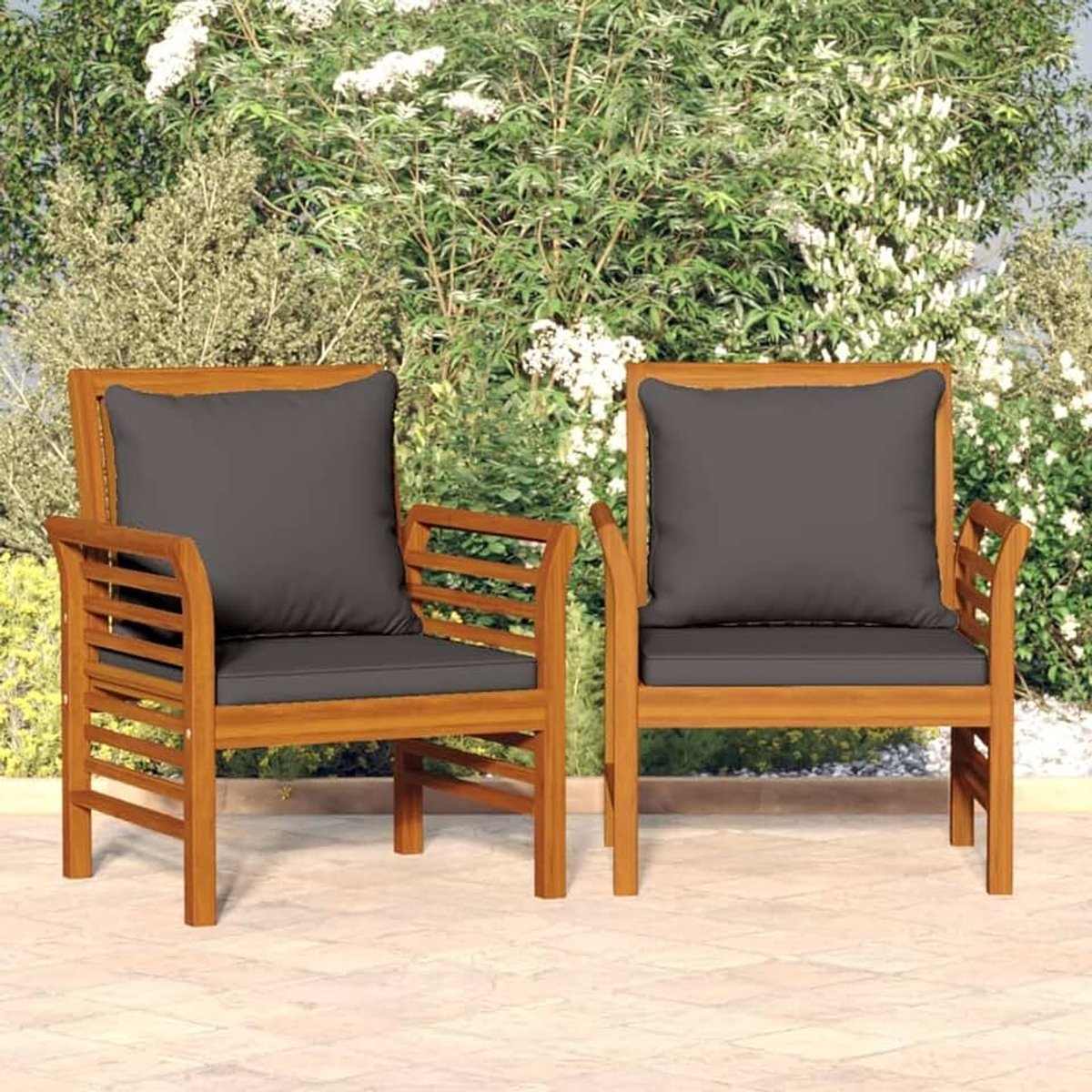 Meubelstoel met kussen, donkergrijs, 2 stuks, massief hout, acaciadecoratie, meubels, binnen/buiten, meubels voor woonkamer, kantoor