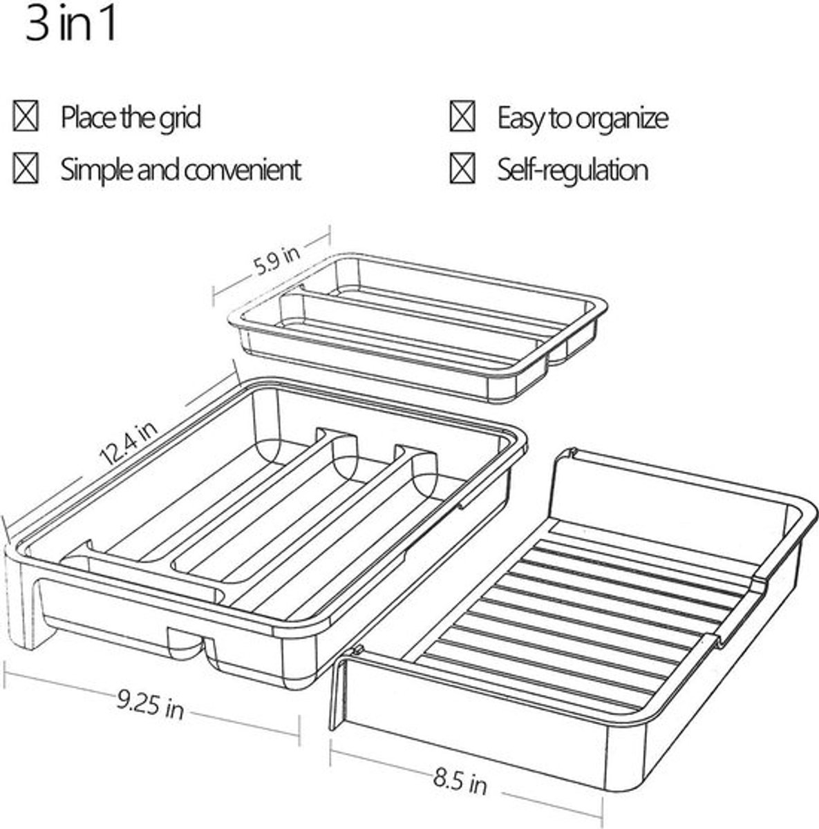 Besteklade organizer uitbreidbaar kunststof servies houder 3-in-1 opslag Grijs
