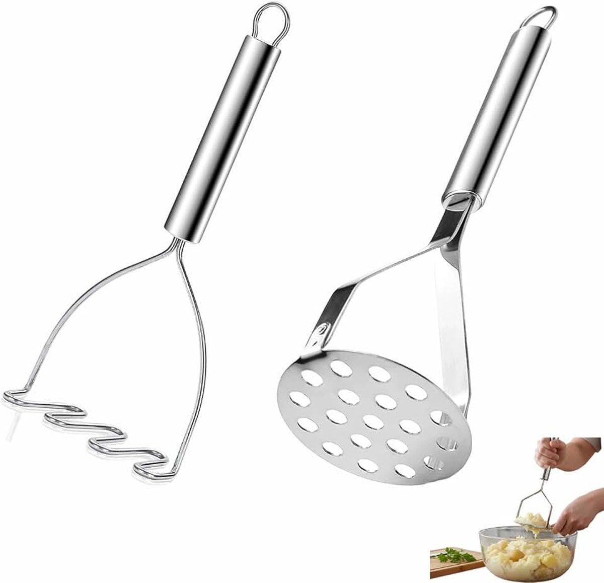 2 stuks aardappelstamper roestvrij staal, handstamper met dikke handgreep, voedselstamper voor aardappelpuree, groente, bonen